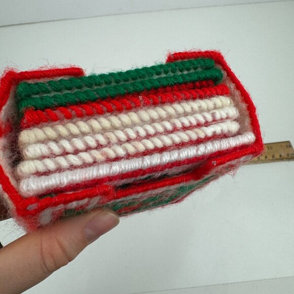 7 Vintage Christmas Holiday Plastic Canvas Coasters w Holder Yarn Candle Design - Picture 10 of 11